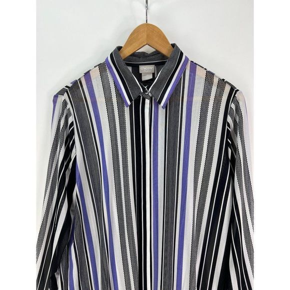 Chico's Travelers sz 2 P womens L Long sleeve semi sheer striped button up top - Picture 2 of 6
